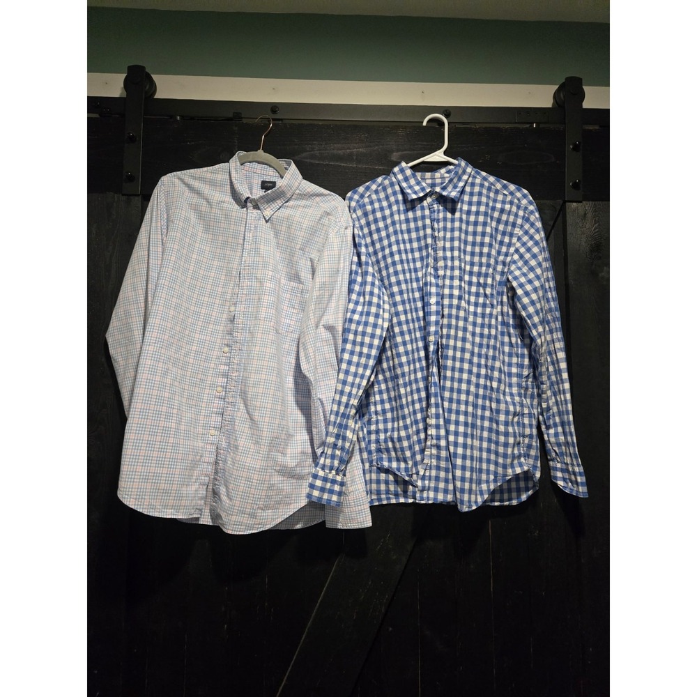 JCrew Mens Lot Of 2 Button Up Shirts Sz L Plain Checkered 100% Cotton